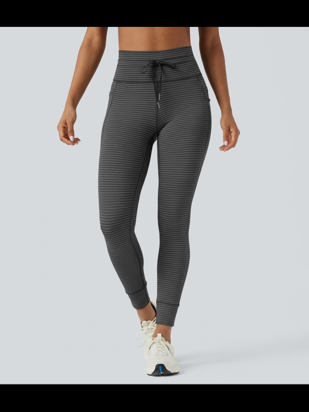 HALARA High-Waist Drawstring Striped Yoga Leggings with Pockets in Iron Gray